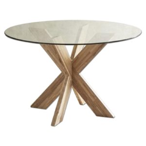 Modern X Base Table with Dark Wooden Legs and Round Glass Top